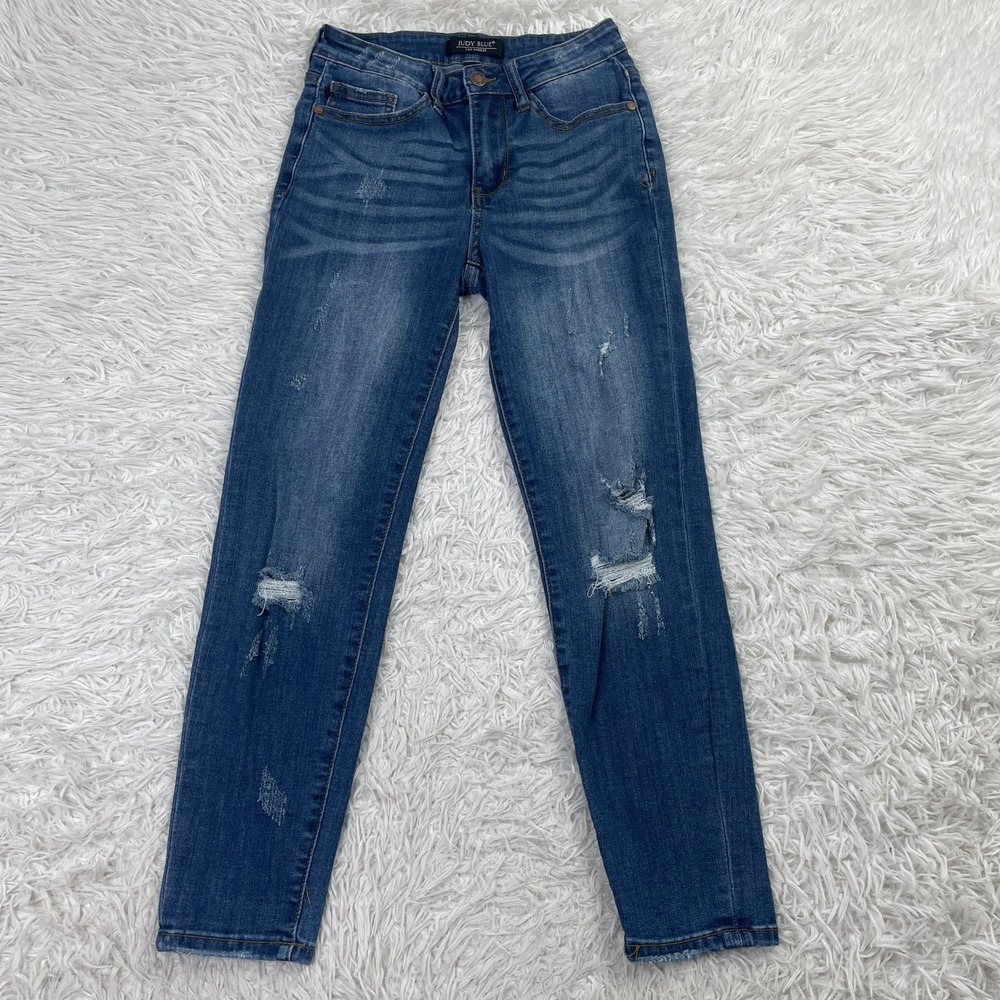 Judy Blue Pants Womens 26 Blue Girlfriend Distressed Dark‎ Wash Relaxed Jeans